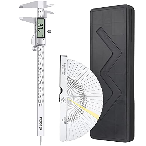 Proster Digitaler Messschieber 8 Zoll/200mm + 32 Fühlerlehre Schieblehre Edelstahl Elektronischer Meßschieber Zoll/Fraktionen/Metrisch Messschieber für Länge Breite Tiefe Innen-/ Außendurchmesser von Proster