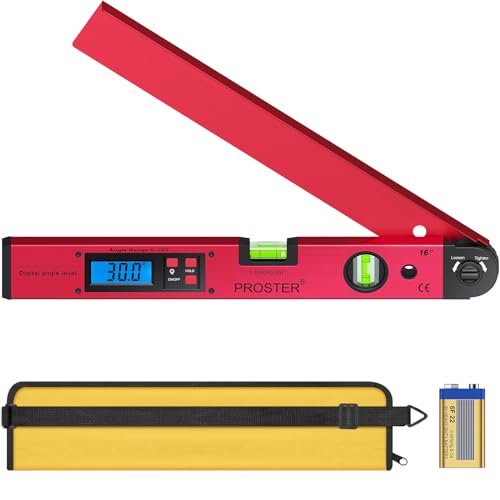 Proster Digitaler Winkelmesser 0-225 ° Digitaler Winkelmesser mit Wasserwaage und LCD Beleuchtetung 400 mm / 16 Zoll Winkelmessgerät mit Batterie und Tasche für Bedachungstechnik -Rot von Proster