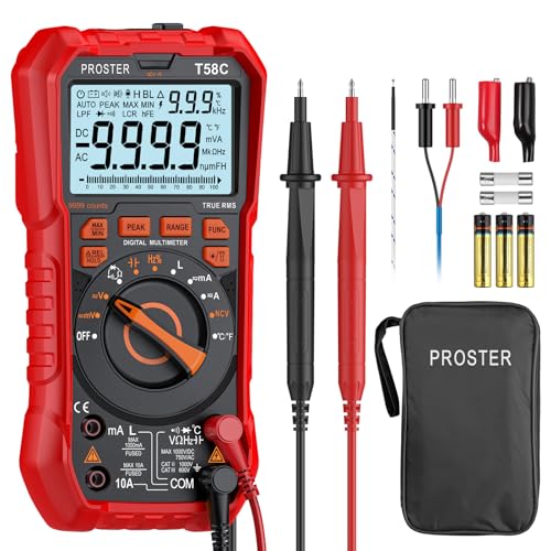 Proster Digital Multimeter 9999 Counts TRMS Auto Range NCV Detektor – DC AC Spannungs-, Strom-, Induktivitäts-, Temperatur-, Kapazitäts-, Widerstandsmessung, Diode Durchgangstester Peak-Messfunktion von Proster