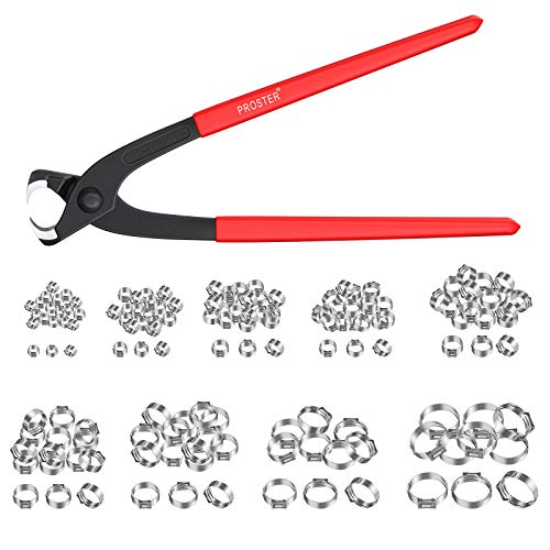 Proster Einzelohr Stufenlos Schlauchschellen Set mit Zange und 304 Edelstahl 150 STÜCKE Schhlauchklemmen 6mm - 31,6mm mit 9 verschiedene Größen Einzelohrschlauchklemme Crimper Werkzeug Kit von Proster