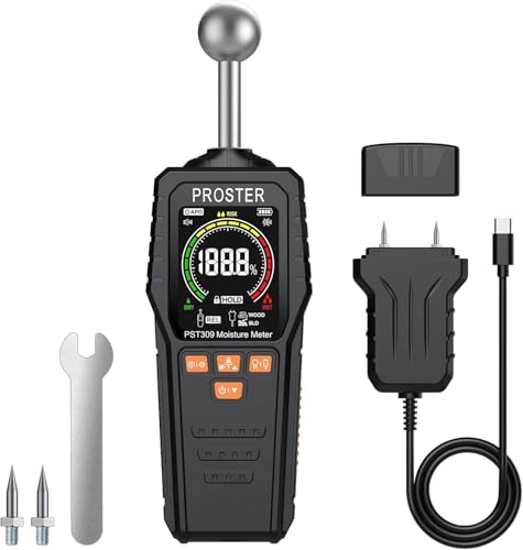 Proster Feuchtigkeitsmessgerät Wand 2 in 1 Pin & Pinless Feuchtigkeitsmesser mit Farb-LCD und Akustischem Alarm, Misst 20-40 mm Wände, Holz, Mauerwerk, Beton und andere Baustoffe von Proster