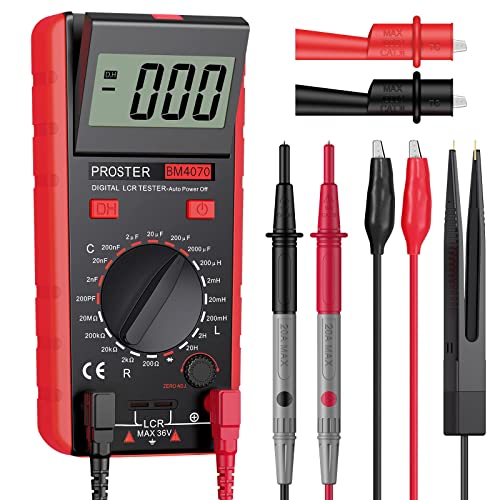 Proster LCR Meter Digital Digitaler LCR Multimeter für Kapazitäts Induktivitäts Widerstand Testen Selbstentladung mit Batterie Krokodilklemme und Tasche LCR Tester Meter- Rot von Proster