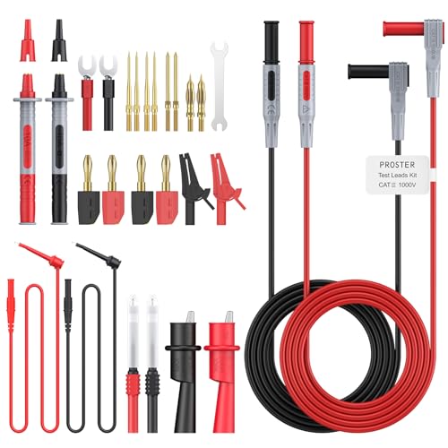 Proster 27 in 1 Multimeter Messleitung Set mit Goldplattierten Prüfsonden 1mm/2mm/4mm – 4 Krokodilklemmen, 4 Goldene Bananenstecker, 2 Testhaken für Elektronik, Autos, Hausgebrauch CATIII 1000V von Proster