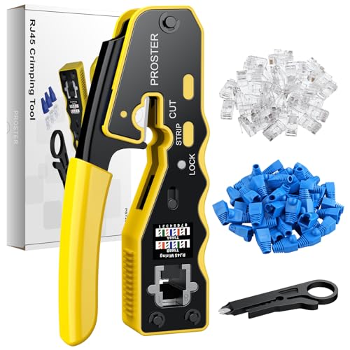 Proster RJ45 Crimpzange Netzwerkkabelzange Stecker Netzwerk Werkzeug für RJ45 Cat6 Cat5 Cat5e mit 50 Stück Cat6 Pass-Through Steckverbindern und Schutzabdeckungen, 1 Stück Drahtschneider-Gelb Proster RJ45 Crimpzange Netzwerkkabelzange Stecker Netzwerk Werkzeug für RJ45 Cat6 Cat5 Cat5e mit 50 Stück Cat6 Pass-Through Steckverbindern und Schutzabdeckungen, 1 Stück Drahtschneider-Gelb von Proster