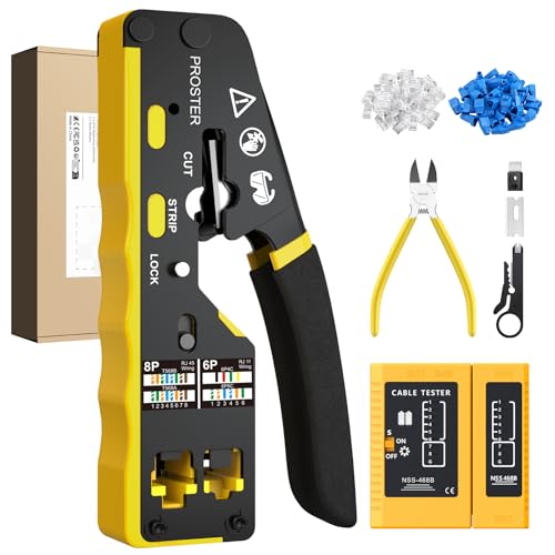Proster RJ45 Crimpzange Set Netzwerk Werkzeug für 6P-Telefonleitungen und Cat5/Cat6 Pass-Through Stecker, Mini Abisolierzange, Drahtschneider, Kabeltester, Ersatzklingen, für Heimnetzwerk, IT-Profis von Proster