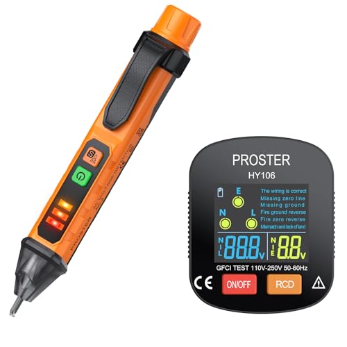 Proster Spannungsprüfer Set Elektrischer Steckdosentester mit LCD-Display, RCD-Prüfung, Ton Lichtalarm, Leckstromanzeige und 6 Fehlerdiagnosen, 12-1000V AC, CAT II 300V, für Haus und Büro von Proster