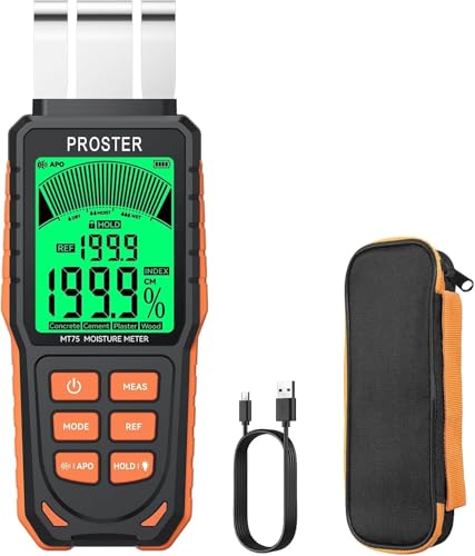 Proster Pinless Feuchtigkeitsmessgerät für Wände, Holz, Beton & Mauerwerk - wiederaufladbares Biegsame Feuchtigkeitsdetektor -5 Modi Ton & Licht Alarm Induktive Messung bis zu 40mm Tiefe von Proster