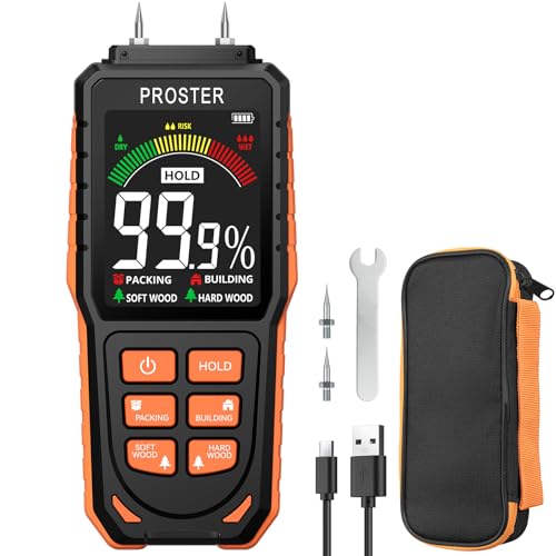 Proster Feuchtigkeitsmessgerät Wiederaufladbar Holzfeuchtemessgerät mit LCD-Display 4 Messmodi Feuchtigkeitsdetektor für Wände, Baustoffe, Brennholz und Gips mit Alarmfunktion, Austauschbare Sonde von Proster