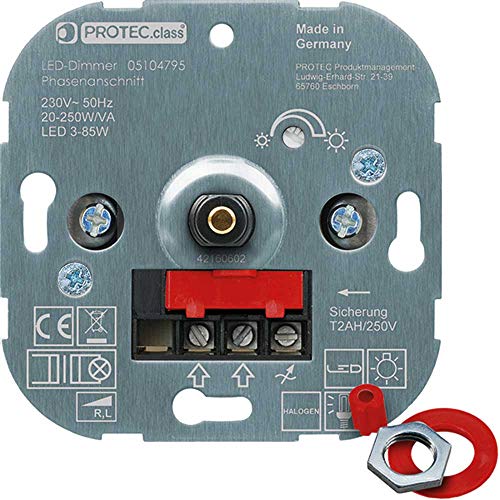 PROTEC.CLASS Dimmer Phasenanschluss 20-250W/VA LED 3-85W PD 20250 - Elektronischer Schalter - Druck-Wechsel-Schalter - Auf-Auf-An - Metallwelle 4 mm - Schraubklemmen bis 2,5 mm von Protec.class
