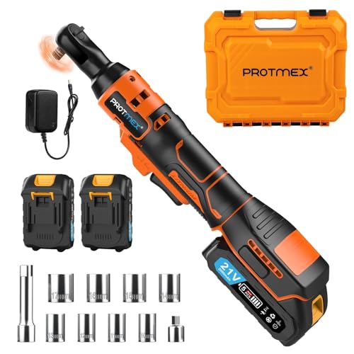 Protmex Akku Ratsche Elektrische Ratsche - 3/8'' 60FT-LBS (80N.m) Ratschenschlüssel mit 2 21V 2000Ah Akku, 400 RPM Aufladbarer Elektrische Ratschenschrauber Set von Protmex
