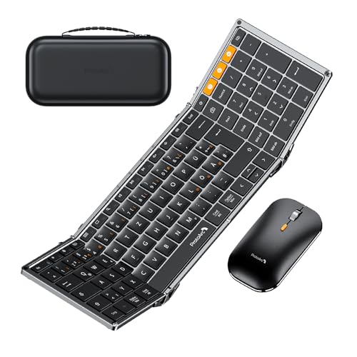 ProtoArc Faltbare Tastatur Kabellos und Maus, XKM01 Bluetooth Tastatur Klappbar Maus Set, 2.4G+Dual Bluetooth Full-Size Mobile Tastatur QWERTZ-Layout für iPad Tablet iPhone Laptop - Space Grau von ProtoArc