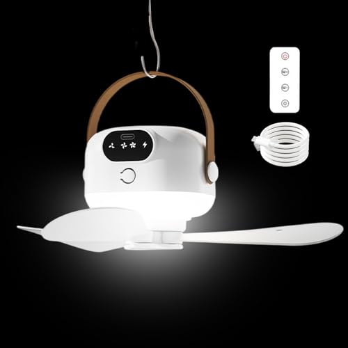 Protoence Wiederaufladbarer Deckenventilator - USB-Rechargebares Kühlgerät Mit Fernbedienung - Fernbedienung Licht 3 Stufen Für Garten Terrasse Festival Camping Schlafzimmer von Protoence