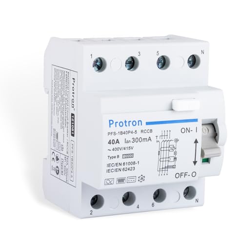 Protron FI Fehlerstromschutzschalter FI Typ B Allstromsensitiv 4P, RCCB RCD für PV Anlage Wallbox E-Auto (40A-300mA) von Protron