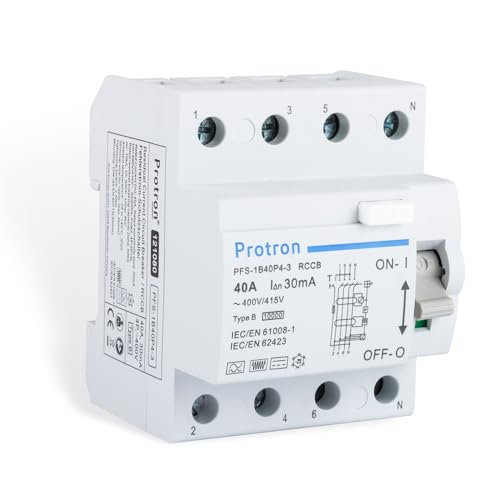 Protron FI Fehlerstromschutzschalter FI Typ B Allstromsensitiv 4P, RCCB RCD für PV Anlage Wallbox E-Auto (40A-30mA) von Protron