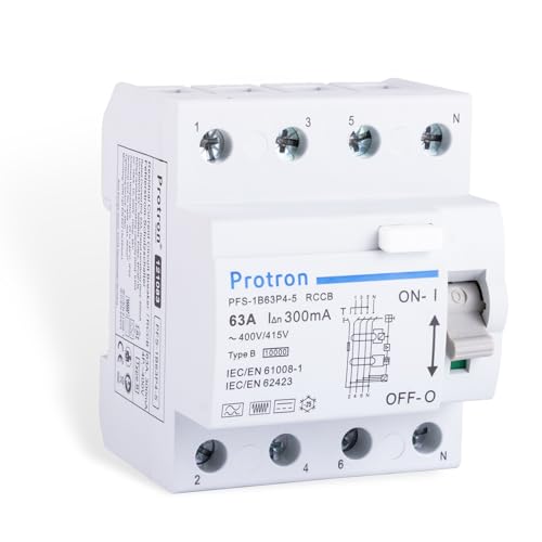 Protron FI Fehlerstromschutzschalter FI Typ B Allstromsensitiv 4P, RCCB RCD für PV Anlage Wallbox E-Auto (63A-300mA) von Protron