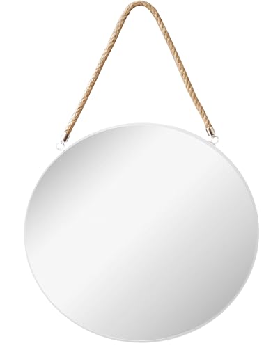 Provance Badezimmerspiegel Wandspiegel Runder Spiegel Durchmesser 43 cm Dekoration Hängender Spiegel mit Kordel Farbe Weiß Weißer Rahmen Bad Arbeitszimmer Schminkspiegel von Provance