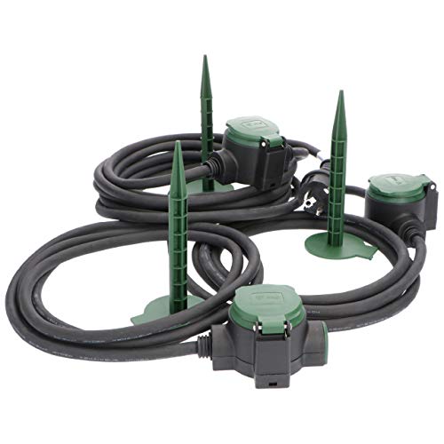 Garten-Verlängerungskabel IP44 10m mit 3 Steckdosen alle 2,5 m inkl. 3x Erdspieß ideal als Stromversorgung der Gartenbeleuchtung von Proventa