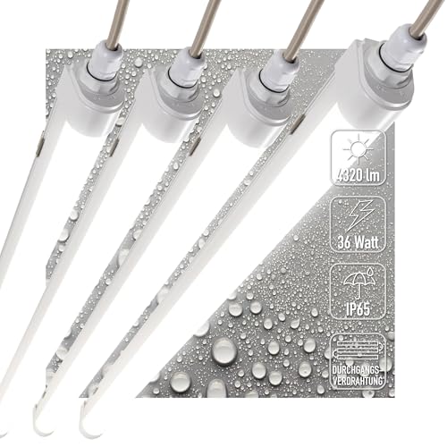 Proventa LED Feuchtraumleuchte 120cm 4-Pack IP65 36W 4320lm 4000K Neutralweiß - durchverdrahtet, verknüpfbar, Wannenleuchte, Werkstattleuchte, Garagenbeleuchtung, Kellerlampe, Leuchtstoffröhre von Proventa