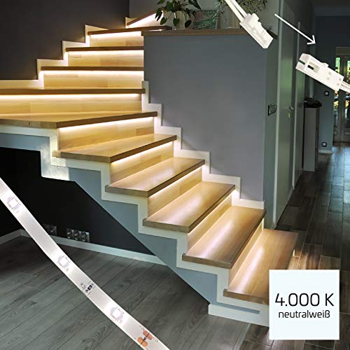 proventa® LED-Treppenstufenbeleuchtung mit Dimmer, Komplettset für 15 Stufen, 4.000K neutralweiß, montagefreundliche Steckverbindung von Proventa