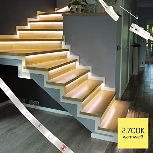 Proventa LED Treppenstufenbeleuchtung Komplettset für 15 Stufen – 2700K Warmweiß, dimmbar mit Steckverbindung – LED Treppenlicht Innen, energiesparende & indirekte Stufenbeleuchtung für Wohnräume von Proventa
