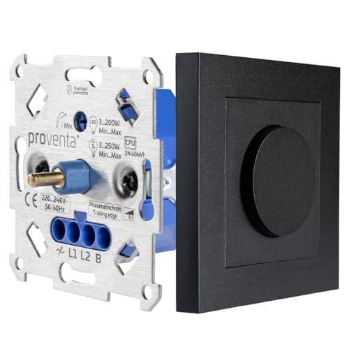 proventa LED Dimmer Phasenabschnitt 250W mit Design-Abdeckung schwarz matt von Proventa