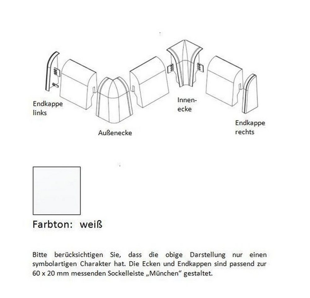 PROVISTON Sockelleisten-Endkappe und Ecken für Klick-Fußleisten, 16 x 58 mm, MDF, Weiß von Proviston