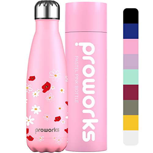 Proworks Edelstahl Trinkflasche | 24 Std. Kalt und 12 Std. Heiß - Premium Vakuum Wasserflasche - Isolierflasche für Sport, Laufen, Fahrrad, Yoga, Wandern und Camping - 500ml - Rosa - Margerite von Proworks