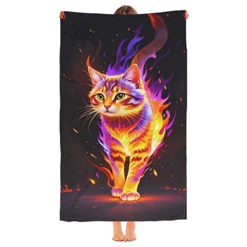 Proxiceen Mikrofaser Strandtuch 70x140cm Badetuch Schnelltrocknend Ultra Light Sandless Portable Camping Handtuch Badetuch mit Katze und Flamme Motiv von Proxiceen