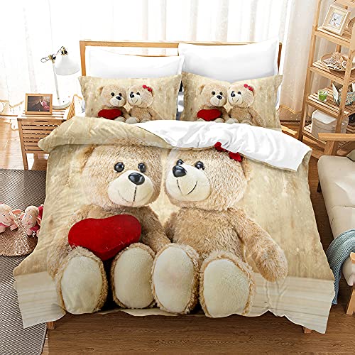 Proxiceen niedlicher Teddybär Bettwäsche,Bettwäsche-3teilig Mikrofaser Bettbezug mit Reißverschluss und Kissenbezug (Stil 4,135x200cm+80x80cm x2) von Proxiceen