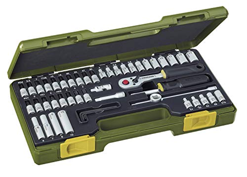 PROXXON Steckschlüsselsatz, Feinmechaniker-Satz mit 1/4"-Umschaltratsche sowie Schraubendrehergriff, 50-teiliges Werkzeug-Set mit Kunststoffkoffer, 23280 von Proxxon
