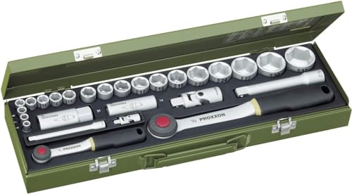 PROXXON Steckschlüsselsatz, Für alle wichtigen PKW-Schrauben mit 1/4"-und 1/2"-Umschaltratsche, 27-teiliges Werkzeug-Set mit Stahlkasten, 23020 von Proxxon