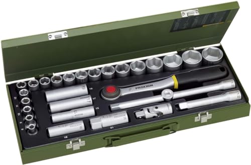 Proxxon 23000 Steckschlüsselsatz Nusskasten mit 12,5mm (1/2") Ratsche 29teiliges Werkzeug-Set mit Stahlkasten von Proxxon