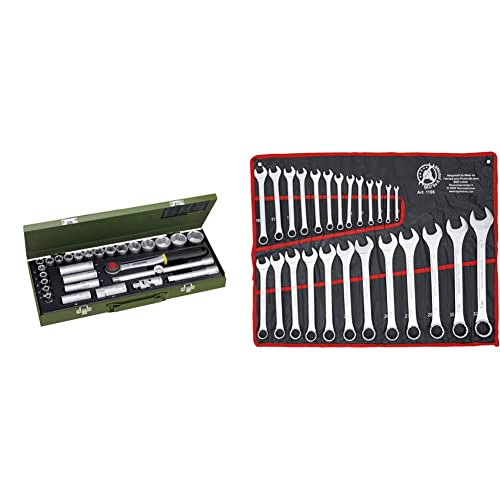 PROXXON Steckschlüsselsatz, Für die kraftvolle Mechanik mit 1/2"-Umschaltratsche & BGS Do it yourself 1198 | Maul-Ringschlüssel-Satz | 25-tlg. | SW 6 - 32 mm | inkl. Tetron-Rolltasche von PROXXON
