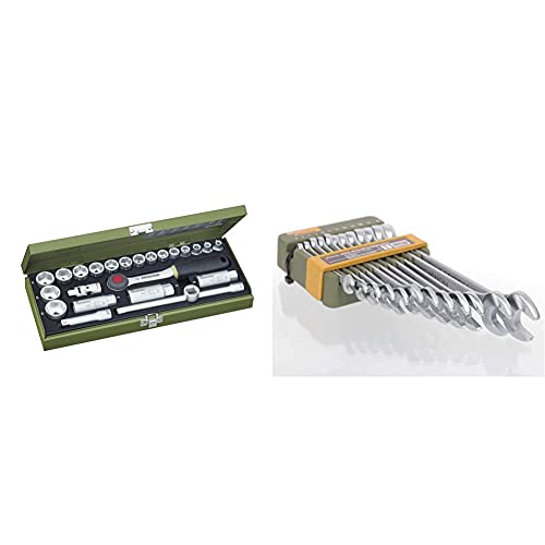 PROXXON Steckschlüsselsatz, Kompaktsatz mit 3/8"-Umschaltratsche, 24-teiliges Werkzeug-Set mit Stahlkasten, 23110 & 23820 Ring-Maulschlüsselsatz, 12-teilig, 6 - 19 mm von Proxxon