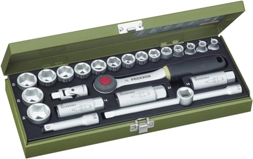 PROXXON Steckschlüsselsatz, Kompaktsatz mit 3/8"-Umschaltratsche, 24-teiliges Werkzeug-Set mit Stahlkasten, 23110, 33.5 x 15 x 5 cm von Proxxon