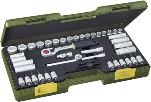 PROXXON Steckschlüsselsatz, Kompaktsatz mit 3/8"-Umschaltratsche, 47-teiliges Werkzeug-Set mit Kunststoffkoffer, 23282 von Proxxon
