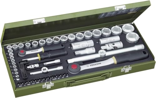 Proxxon 23040 Steckschlüsselsatz, Komplettkasten mit 6,3mm (1/4") & 12,5mm (1/2") Umschaltratsche Nüsse von 4-32mm 56teilig Werkzeug Set Stahlkasten von Proxxon