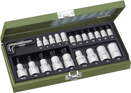 Proxxon 23102 TX-Steckschlüssel Spezialsatz Innen- und Außen Torx mit 6,3mm (1/4") & 12,5mm (1/2") Antrieb TX8 – TX60 24teilig Werkzeug Stahlkasten von Proxxon