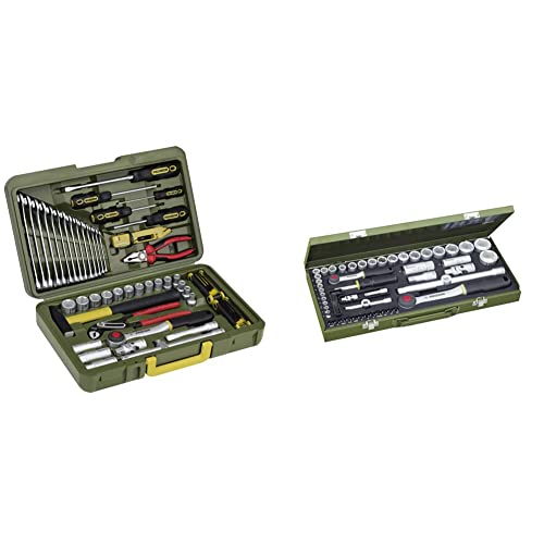 Proxxon 23650 PKW- und Universalwerkzeugkoffer & Steckschlüsselsatz, Komplettkasten mit 1/4"-und 1/2"-Umschaltratsche sowie Schraubendrehergriff, 56-teiliges Werkzeug-Set mit Stahlkasten, 23040 von Proxxon