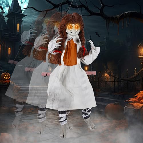 Prsildan Halloween-Dekorationen für den Außenbereich, hängende Schaukel Mädchen, Halloween-Gruselige Animatronic-Dekoration, lebensgroße Halloween-Requisiten mit gruseligen Geräuschen, Bewegung für Prsildan Halloween-Dekorationen für den Außenbereich, hängende Schaukel Mädchen, Halloween-Gruselige Animatronic-Dekoration, lebensgroße Halloween-Requisiten mit gruseligen Geräuschen, Bewegung für von Prsildan
