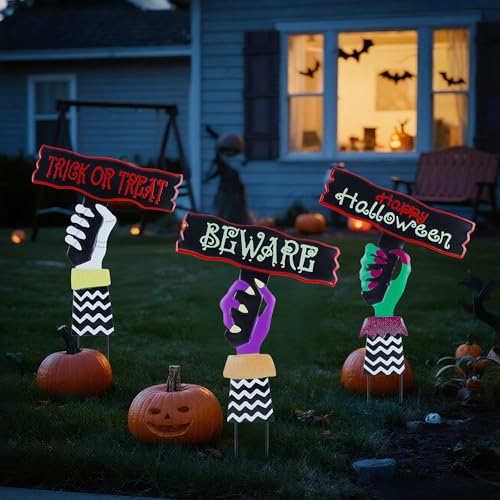 Prsildan Set mit 3 dekorativen Halloween-Gartenpfähle, für den Außenbereich, Süßes oder Saures, Vorsicht und Happy Halloween, Hofschilder, gruselige Metallpfahl-Dekoration für Rasen, Garten, Veranda Prsildan Set mit 3 dekorativen Halloween-Gartenpfähle, für den Außenbereich, Süßes oder Saures, Vorsicht und Happy Halloween, Hofschilder, gruselige Metallpfahl-Dekoration für Rasen, Garten, Veranda von Prsildan