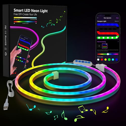 Neon LED Strip RGB Neon LED Streifen mit App-Steuerung DIY-Lichteffekte Musik Sync Neons Lichtband für Wohnzimmer, Schlafzimmer, Wand Deko (1m) von Prtoworior