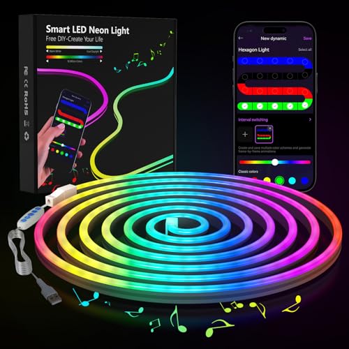 LED Smart Strip Music Sync Neon RGB Strip DIY Form Lichteffekt Flex Streifen Lights mit App-Steuerung für Schlafzimmer, Spielzimmer, Wohnzimmer Indoor Outdoor Waterproof Rope Light (Strip 3m) von Prtoworior