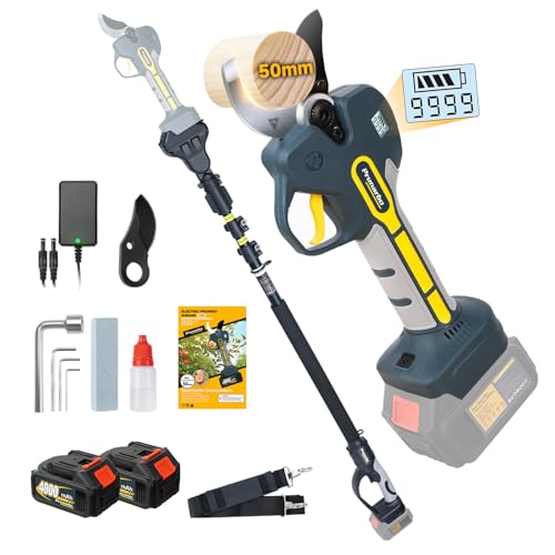 Prunarbo 2-in-1 Elektrische Gartenschere mit Akku 50MM 18V Brushless 8000mAh Akku LCD Display Akku Astschere mit Teleskopstiel Kompatibel mit Makita Akkus (PR-E50 pruner+pole set) von Prunarbo