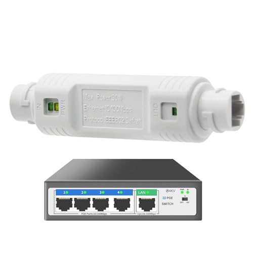 Pruojhw PoE-Repeater, PoE-Repeater, 48 V 10/100 Mbps Ethernet-Erweiterungsrepeater mit Datenübertragung, PoE-Erweiterung, Netzwerkzubehör, Plug and Play, für Sicherheitssysteme von Pruojhw