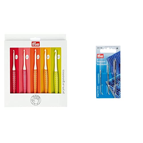 Prym 218440 Wollhäkelnadel Set prym.ergonomics, Kunststoff, multicolor, alabasterweiß, 3,5 mm - 6 mm & 124119 Woll-und Smyrna-Nadeln ohne Spitze, ST 1+3 silber, 1 Stück von Prym