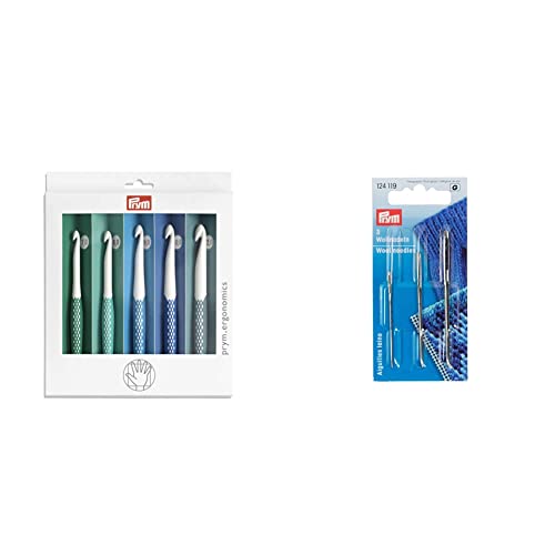 Prym 218441 Wollhäkelnadel Set 7,0 mm - 12,0 mm, prym.ergonomics, Kunststoff, ergonomischer Griff & 124119 Woll-und Smyrna-Nadeln ohne Spitze, ST 1+3 silber, 1 Stück von Prym