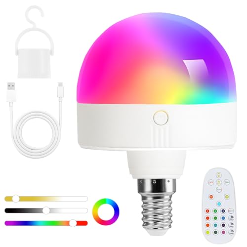 Psatfito Wiederaufladbare Glühbirne mit Timer und Fernbedienung, dimmbare Batterie Glühbirnen mit Magnetsockel, E14 Lade LED Glühbirne, nicht verkabelte Lampen mit 3 Farbtemperaturen + 12 RGB Psatfito Wiederaufladbare Glühbirne mit Timer und Fernbedienung, dimmbare Batterie Glühbirnen mit Magnetsockel, E14 Lade LED Glühbirne, nicht verkabelte Lampen mit 3 Farbtemperaturen + 12 RGB von Psatfito