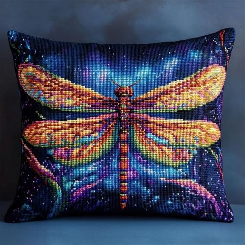 Pskgbxmu Gestempeltes Kreuzstich Kissen 45x45cm Aurora Libelle DIY Kissen Stickerei Set für kreative Inneneinrichtung Handarbeitsset für erwachsene Anfänger von Pskgbxmu
