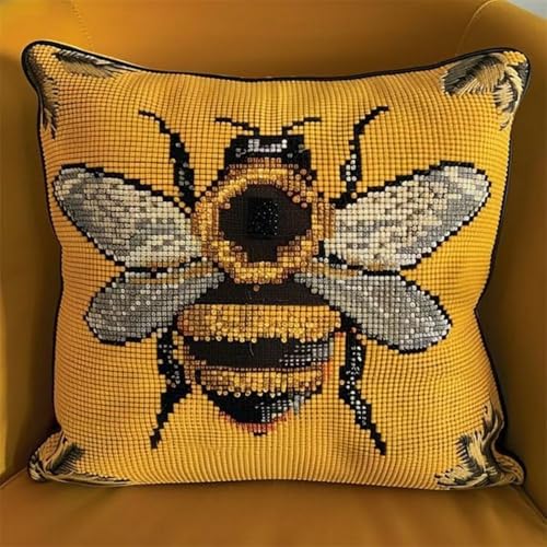 Pskgbxmu Gestempeltes Kreuzstich Kissen 45x45cm Biene DIY Kissen Stickerei Set für kreative Inneneinrichtung Handarbeitsset für erwachsene Anfänger von Pskgbxmu